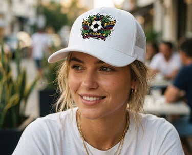 Smiling woman wearing La Cresta Snapback hat with bold Colombian pride crest in city setting
