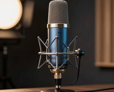 A sleek, professional photography shot of a high-end podcasting studio setup in North America, featuring a steel blue condenser mic and warm gold lighting accents against a clean, dark backdrop.