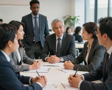 A photograph representing community collaboration: a group of diverse professionals in North American business attire gathered around a table in a bright, modern community center, engaged in an inspiring discussion.
