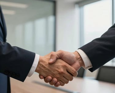 A close-up photograph of a professional handshake between two individuals in business suits within a sunlit, modern North American boardroom, representing strategic funding and partnership.