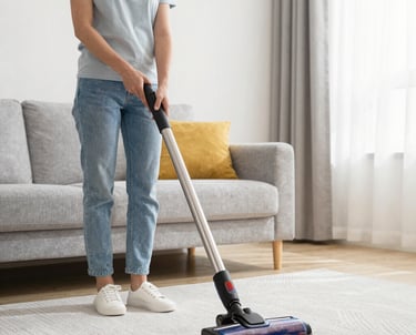 A friendly cleaner carefully wiping a kitchen countertop with natural light streaming in.