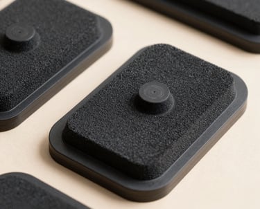 Close-up of industrial vacuum suction pads for automated assembly lines. The pads are black and set against a clean, light beige background, showing their flexible texture.