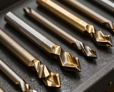 Industrial photography of high-grade carbide cutting tools arranged neatly on a dark surface. Dramatic lighting highlights the sharp edges and metallic gold finish.