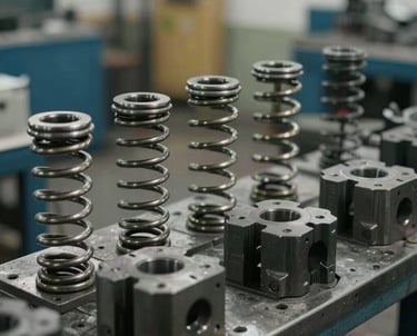 Stamping standard parts including high-tension springs and die sets. The composition is focused and technical, with a professional industrial aesthetic.