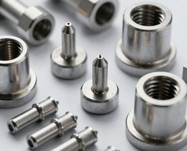 Detailed shot of mold standard parts including ejector pins and bushings. The steel components have a polished silver finish, photographed in a professional studio setting.