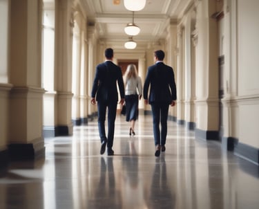 Professional lawyers discussing case documents in a modern office with dark green and gold accents.
