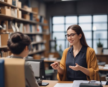Friendly customs agent explaining paperwork to a client at the office.