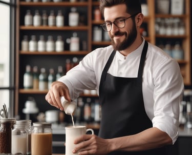A bearded male barista wearing glasses and a black apron pours milk into a coffee mug at a cafe.