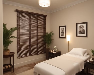 A serene massage room featuring a treatment table, wooden blinds, and lush green indoor plants.