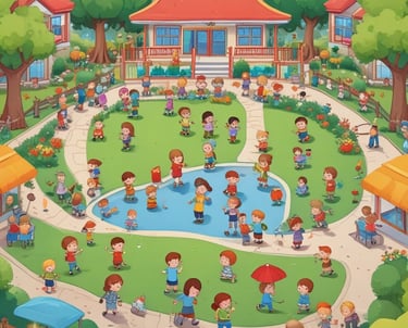 Illustration of children playing in a colorful school park with a blue pond and red-roofed buildings.