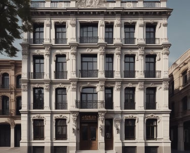 Ornate neoclassical apartment building facade with white stone carvings and wrought iron balconies.