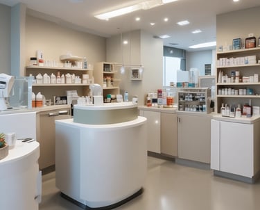 Modern pharmacy interior featuring clean white counters and stocked shelves of medical supplies and health products.