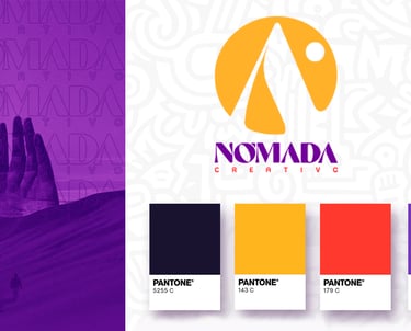 Nomada Creativo brand identity board featuring a mountain logo, purple desert dunes, and Pantone color swatches.