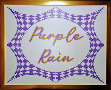 Purple Rain cursive text art inside a purple geometric checkerboard frame on white canvas.