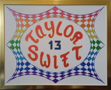 Framed Taylor Swift glitter art with rainbow checkerboard patterns and her lucky number 13.