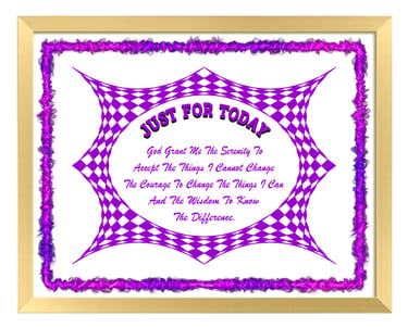 Framed Serenity Prayer print with purple checkered border and Just For Today inspirational text.