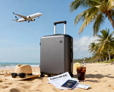a suitcase and passport case sitting on a beach