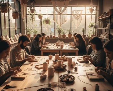 Personas en un taller de macramé haciendo tapices con hilo y plantas de interior en un estudio