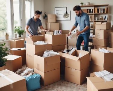 A Thiel Family Moving team member carefully wrapping fragile household items in bubble wrap inside a cozy living room.