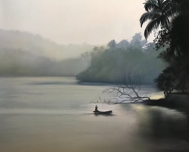 Misty landscape with palm trees on the river in Goa