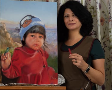 Italian painter Selen Cinus painting 'Il cappottino rosso', picturing a Mexican little girl