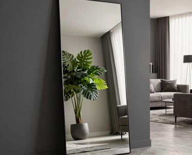 Miroir design vertical reflétant un salon moderne avec une plante verte.