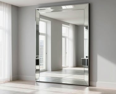 Grand miroir sur mesure captant la lumière naturelle d'une fenêtre.