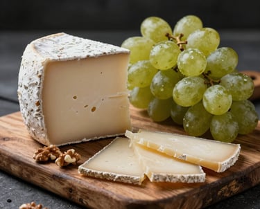 A rustic cheese board with grapes and nuts, styled with a high-contrast cinematic look. Western European artisanal food culture photography.
