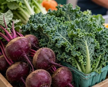 A close-up of a farmer's market stand with baskets of fresh, colorful produce. Deep Ripe Crimson beets and Matte Forest Green kale in a North American setting.