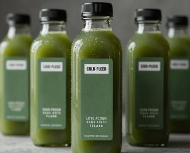 A minimalist bottle design for a cold-pressed juice company, featuring Matte Forest Green labels. Professional product photography in a North American setting.