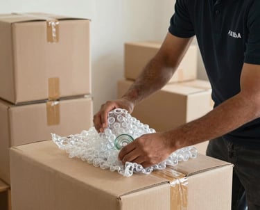 A trained packing specialist carefully placing bubble-wrapped glassware into heavy-duty moving boxes inside an apartment in Abu Dhabi, UAE, professional move care context.
