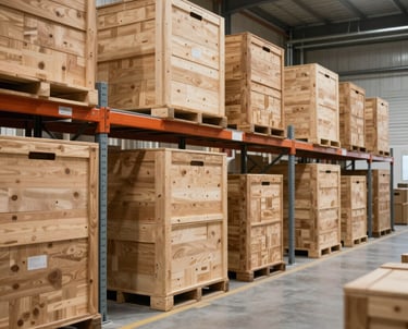 Modern, air-conditioned storage warehouse facility in Abu Dhabi, UAE with organized stacked wooden crates and clean aisles, high quality commercial photography.