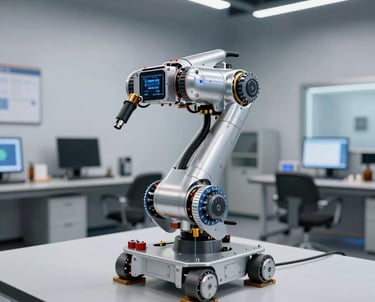Children collaborating on a robotics project with colorful robots in a school lab.