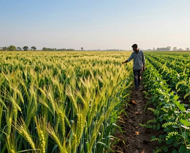 A farmer inspecting rows of healthy plants growing from quality seeds.