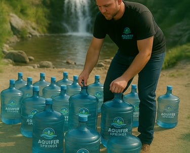 Twenty Aquifer Springs jugs and a man in branded shirt beside a waterfall, forest, and mountains