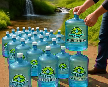Thirty Aquifer Springs jugs with a man’s arms and leg by a waterfall, mountains, trees, and greenery