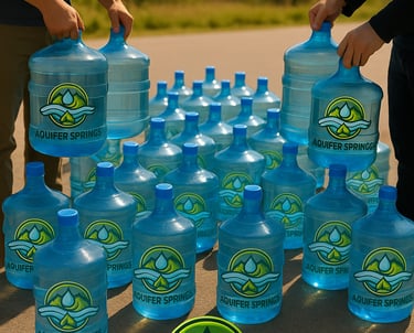 People lifting and arranging branded 18.9L Aquifer Springs water jugs outdoors with mountains behind