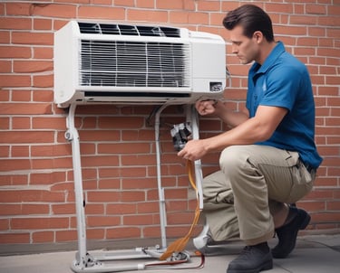 Technician repairing a split air conditioner unit on a sunny day.