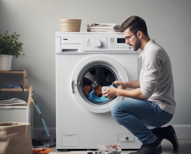 Close-up of a washing machine drum being serviced by a professional.