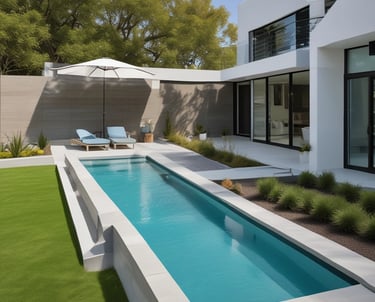 Modern fiberglass swimming pool design with elegant curves and clear blue water.