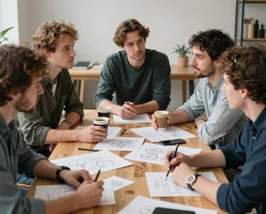 A team of food enthusiasts and creators gathered around a wooden table in a Scandinavian-style office, brainstorming with sketches and coffee.