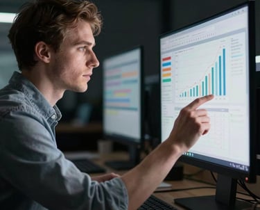 A digital marketer analyzing data charts on a screen in a dark, professional office, reflecting light on their face, Northern European / North American.