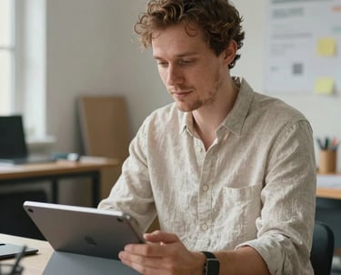 Candid portrait of a creative strategist in a light-filled workshop, wearing a simple linen shirt, working on a digital tablet, Northern European / North American.