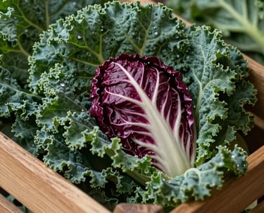 A cinematic close-up of dark green kale leaves and deep red radicchio in a wooden crate, captured with professional culinary photography lighting.
