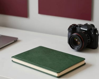 A minimalist design studio desk featuring a matte forest green notebook, a high-end camera, and a mood board with Deep Ripe Crimson accents, Northern European / North American style.