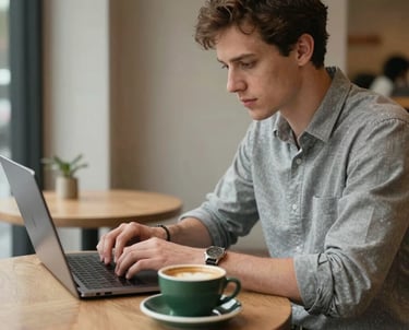 A community manager typing on a high-end laptop in a minimalist cafe, a dark forest green cup of coffee sitting nearby, Northern European / North American.