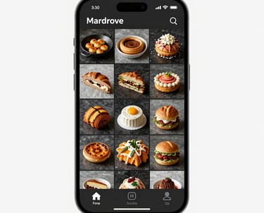 A minimalist social media grid preview on a modern smartphone, showcasing high-contrast food photography and clean typography.