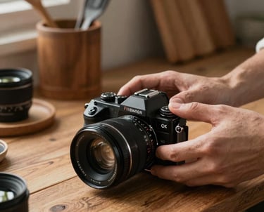 A lifestyle photographer adjusting a vintage lens on a wooden workbench, surrounded by rustic kitchen props, Northern European / North American.