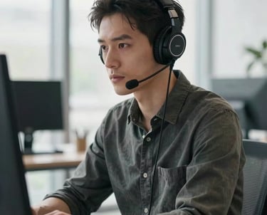 Portrait of a creative producer wearing headphones in a modern workspace, natural morning light, sophisticated and focused mood.