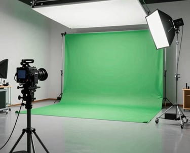 Wide shot of a modern film studio set with professional lighting rigs and a green screen setup, sophisticated creative environment.
